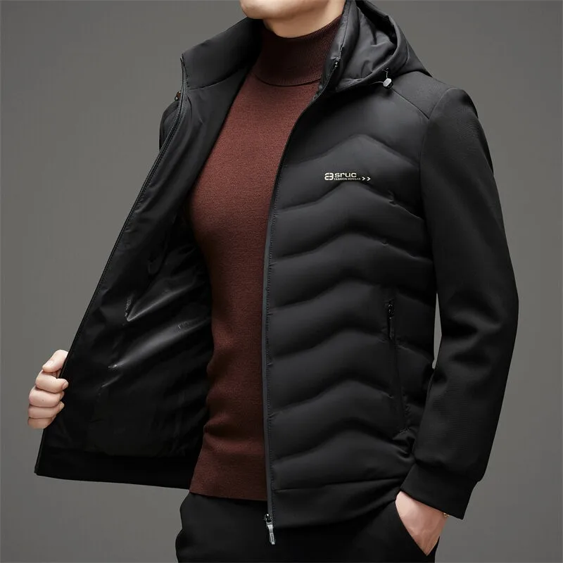 Brand White Duck Down Hooded Jacket Zipper Solid Color Casual Multifunctional Men's Winter Warm Windproof Jacket Coat