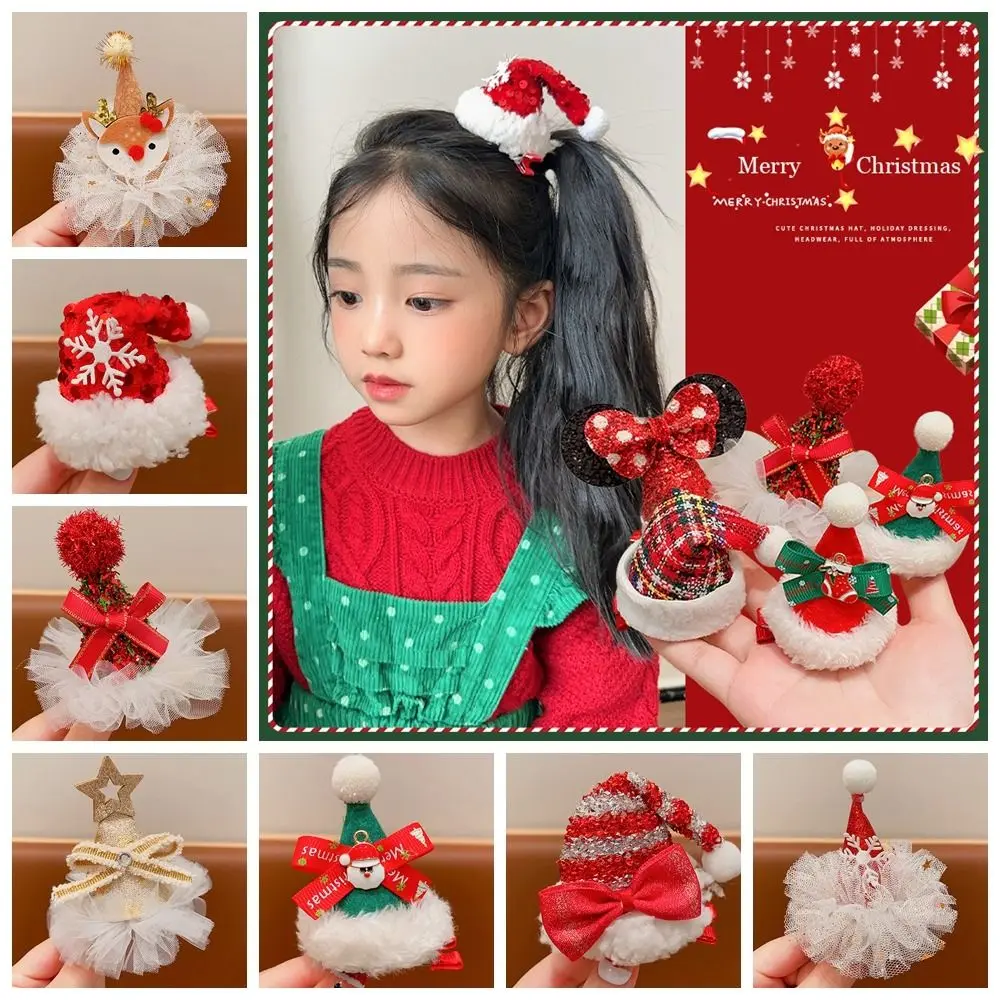 Christmas Hat Hair Clips Children\'s Cute Sequin Bowknot Red Christmas Antler Hairpins Christmas Party Costume Hair Accessories