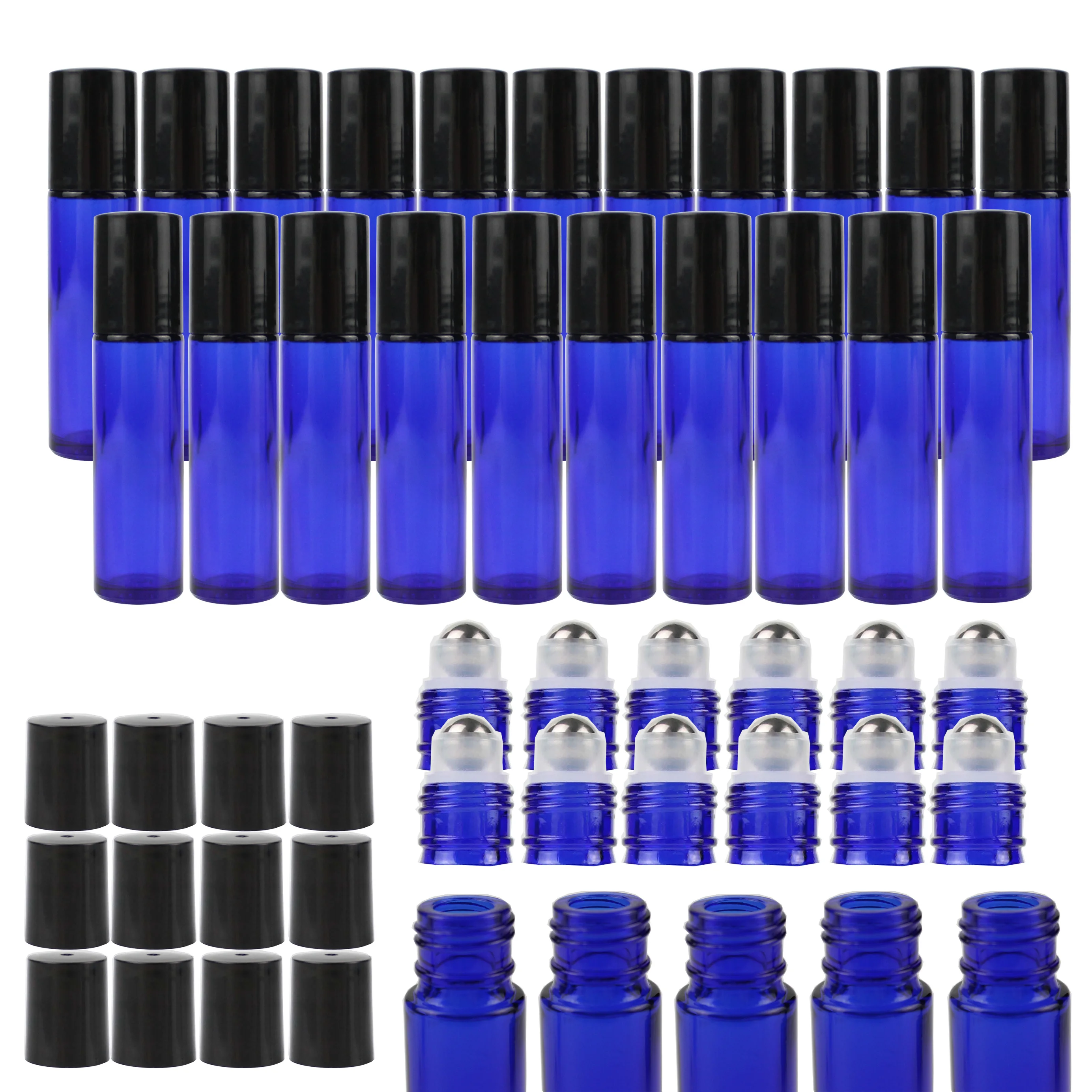 24pcs 10ml Blue Thick Glass Roll on Bottle Empty Refillable Perfume Bottle Container with Roller Metal Ball for Essential Oil