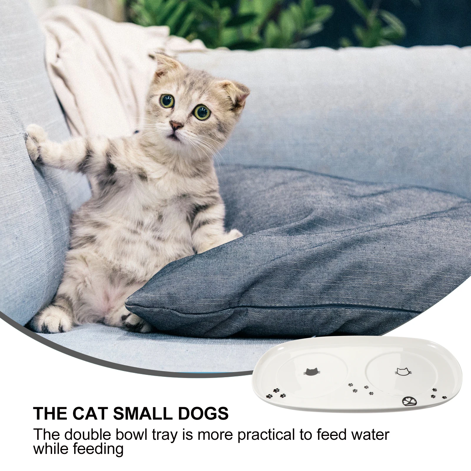 

Cat Ceramic Tray Pet Feeding Bowl Placemat Durable Porcelain Design Double Tray for 2 Bowls Spill Proof Home Decor Gift