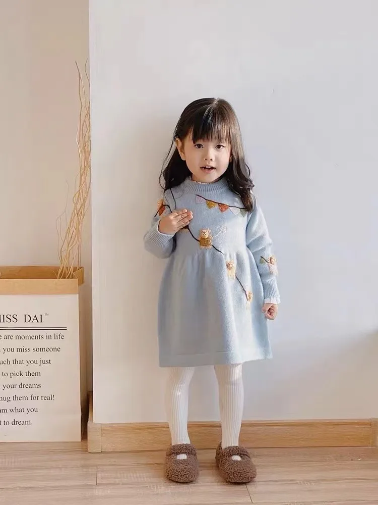 فستان الفتيات الخريف/الشتاء الأطفال هوديي محبوك سترة مطرزة أنيق فستان السنة الجديدة فستان الأميرة