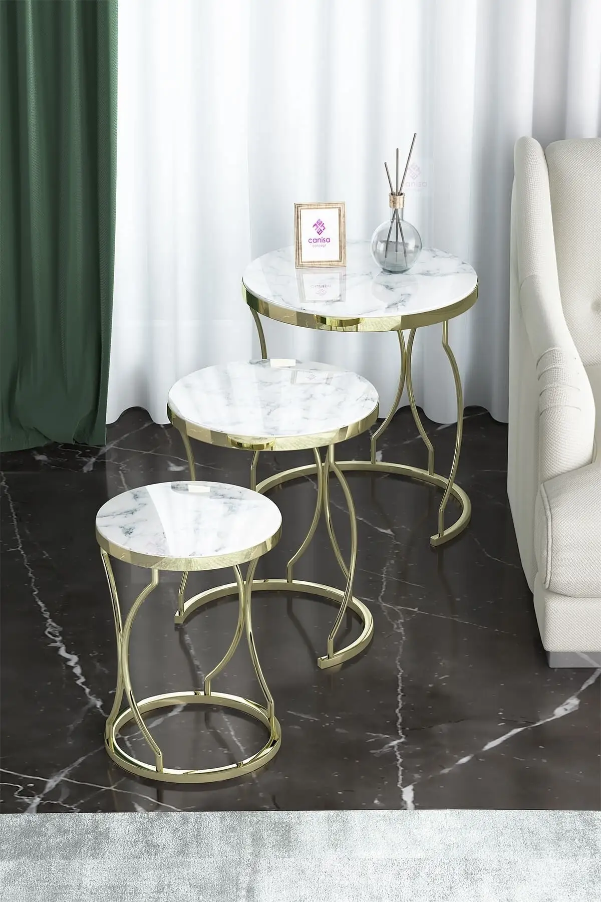 Canisa Leyla Series Tempered Glass pcs set Zigon Coffee Table Set And Medium Coffee Table/White Marble Pattern-Gold