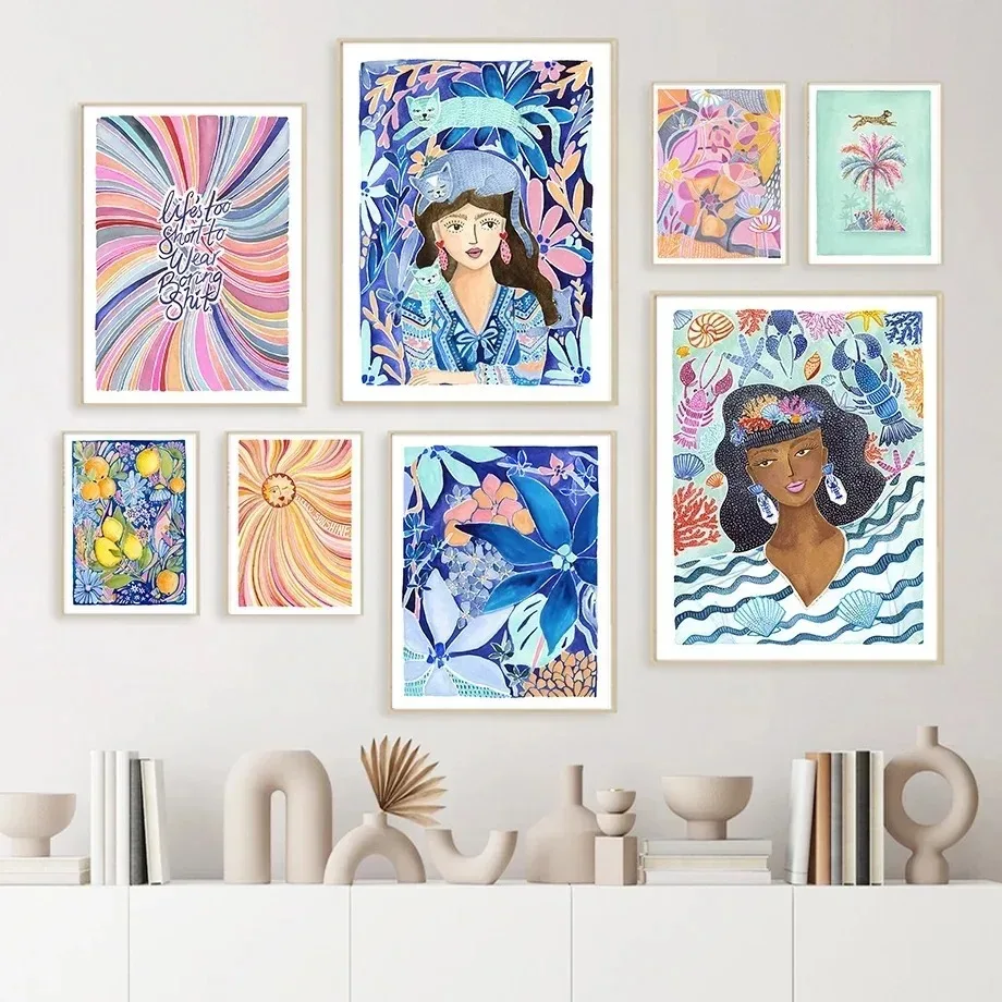 Современный стиль, принты на холсте в стиле бохо, кошки, цветы, панзеры, фрукты, кактусы, плакаты для девочек