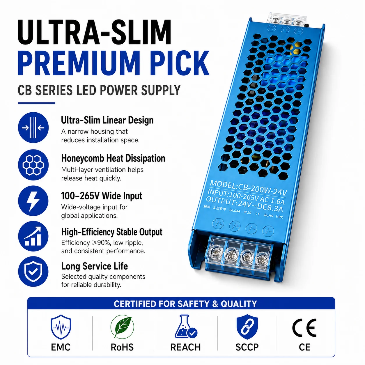 

LED Power Supply 12V 24V CB Series Ultra Slim AC100-265V Constant Voltage Switching Driver 60W-500W for LED Strip Light Box