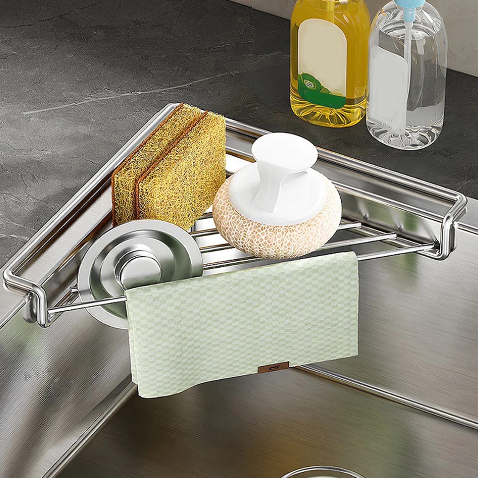 Stainless Steel Kitchen Sink Corner Shelf Organizer Rack Sponge Holder Drain Rack No Drilling 31x22x2.5cm