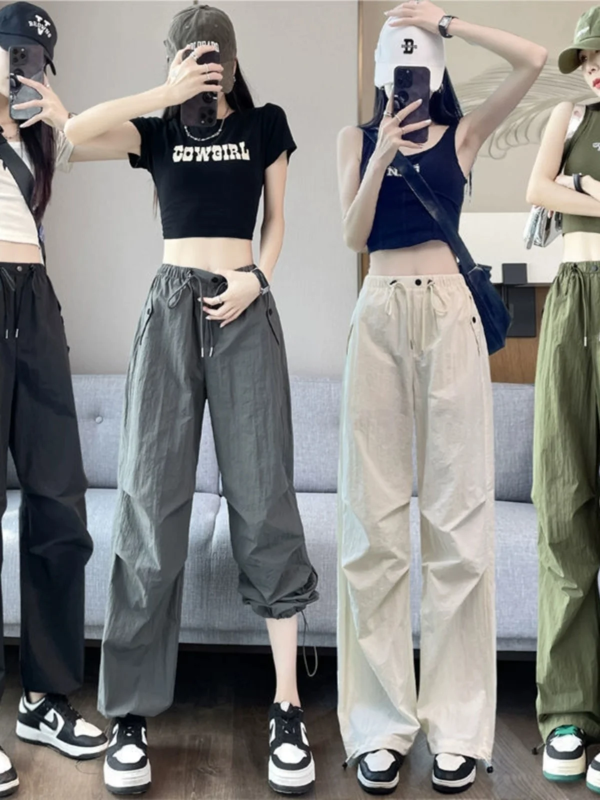 

American Style Ice Silk Quick Dry Work Pants Women's Summer Thin High Waist Drawstring Cuffed Casual Wide Leg Pants