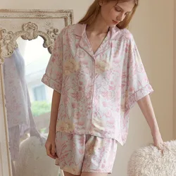 2024 Rayon Satin Blue Floral Print Loungewear Women Lapel Light Luxury Short-sleeved Shorts Pajamas Suit Viscose Home Clothes