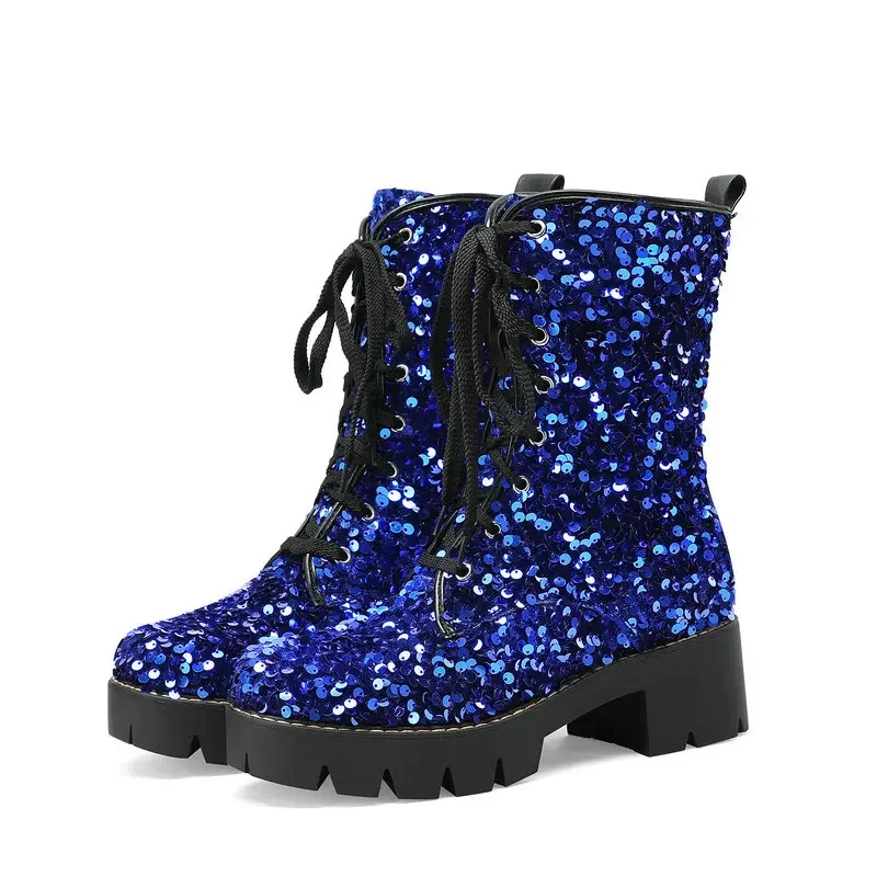 Sequins Bling Glitter Party Goth Shoes For Women Shiny Pink Blue Purple Lace-up Platform Chunky Heels Ankle Motorcycle Boots