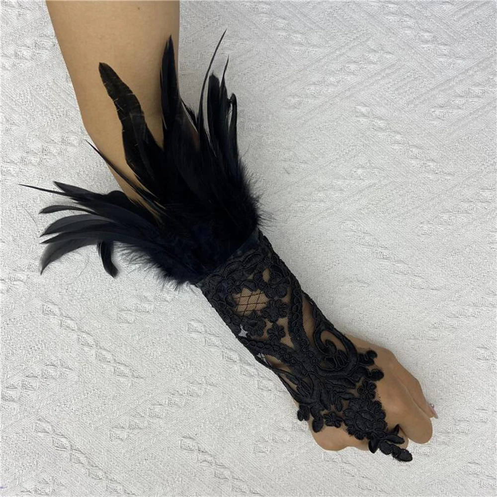 Women Lace Feather Long Gloves Gothic Mesh Sleeve Halloween Party Hook Finger Gloves Embroidery White Female Stage Accessories