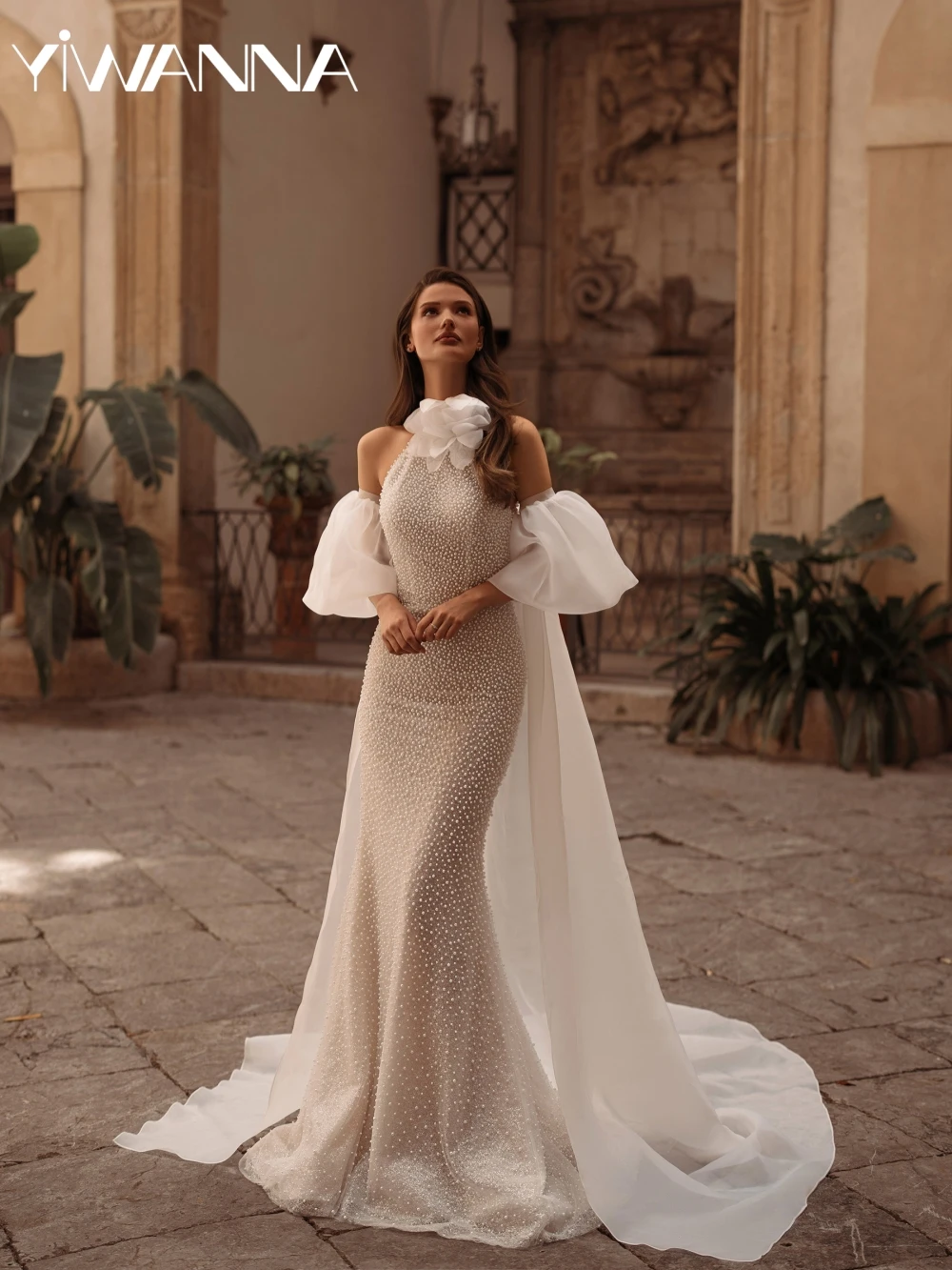 

Opulent Shimmering Pearls Mermaid Long Wedding Dress With Cape Halter Backless Bridal Gown Customized Graceful Dresses For Bride