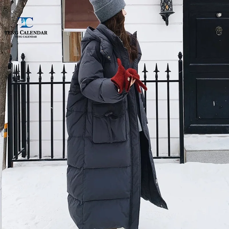 Grey Long Down Cotton Jacket, Popular Trend This Year, Thick Knee High Hooded Jacket, Women's Winter 2026 New Model