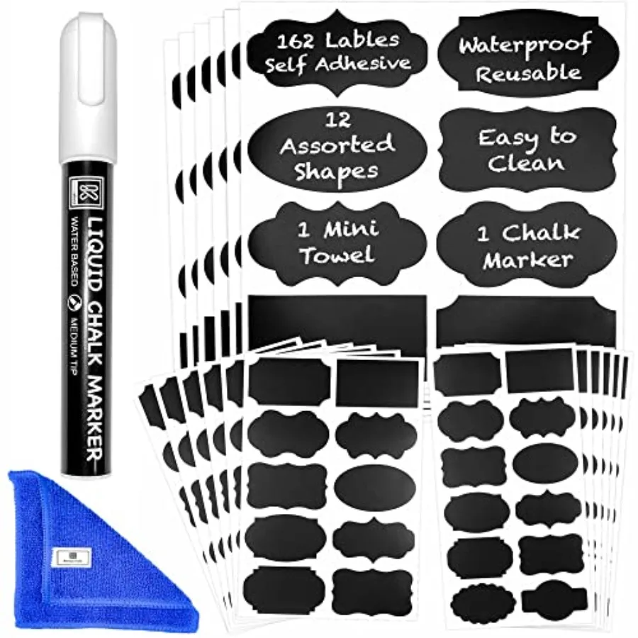 Chalkboard Labels for Jars 162pcs - Waterproof Reusable Chalk Sticker Labels for Containers Storage Jars - 12 Unique Shapes and