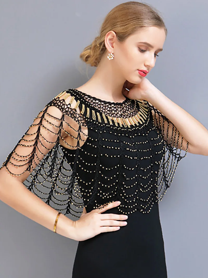 Women Small Shawl Hollowed Out Pullover Cape for Wedding Night Club Party Clothing Tops Beading Belly Dance Stage Performance