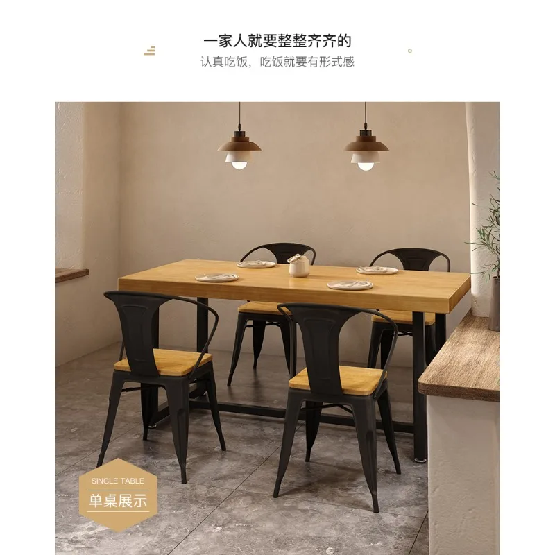 Solid wood wrought iron staff table and chair set rectangular fast food restaurant dining table and chair combination restaurant