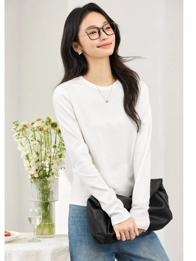 VIMLY Women's Solid Knitted Top Long Sleeve T-shirt 2025 Autumn Casual Cotton Round Neck Slim Female Tee Woman Clothing A2021