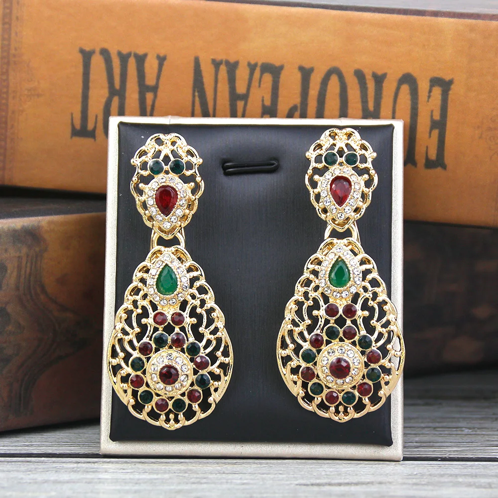 Sunspicems Chic Gold Color Arabian Crystal Earrings for Women Algeria Bride Earring Hollow Arabesque Totems Wedding Jewelry