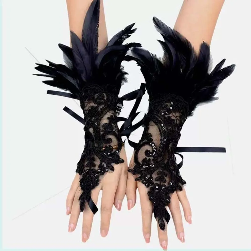 

Hook Finger Gloves Wristband Halloween Feather Gloves Retro Embroidery Feather Lace Glove Gothic Dark Women Halloween Cuffs Ball