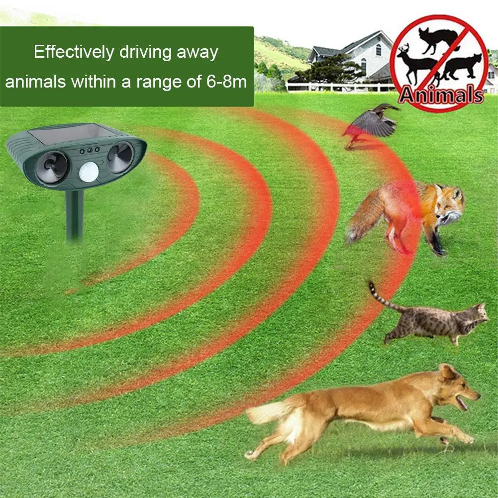 Ahuyentador ultrasónico solar de animales con luz LED, repelente de perros y gatos, impermeable, disuasorio de animales para jardín, protección para granjas y patios.