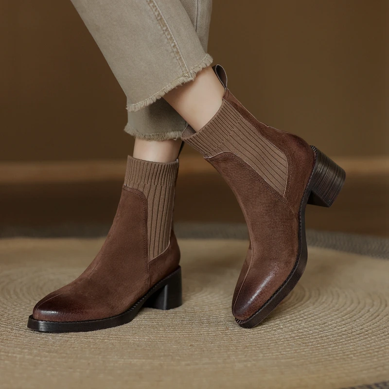 Autumn Women Boots Genuine Leather Shoes for Women Round Toe Chunky Heel Shoes Elastic Band Ankle Boots Concise Designer Boots