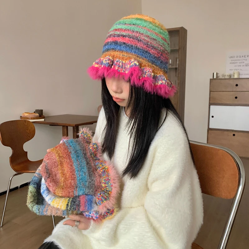 Japanese retro color striped woolen fisherman hat for women in autumn and winter warm and eye-catching face dopamine knitted hat