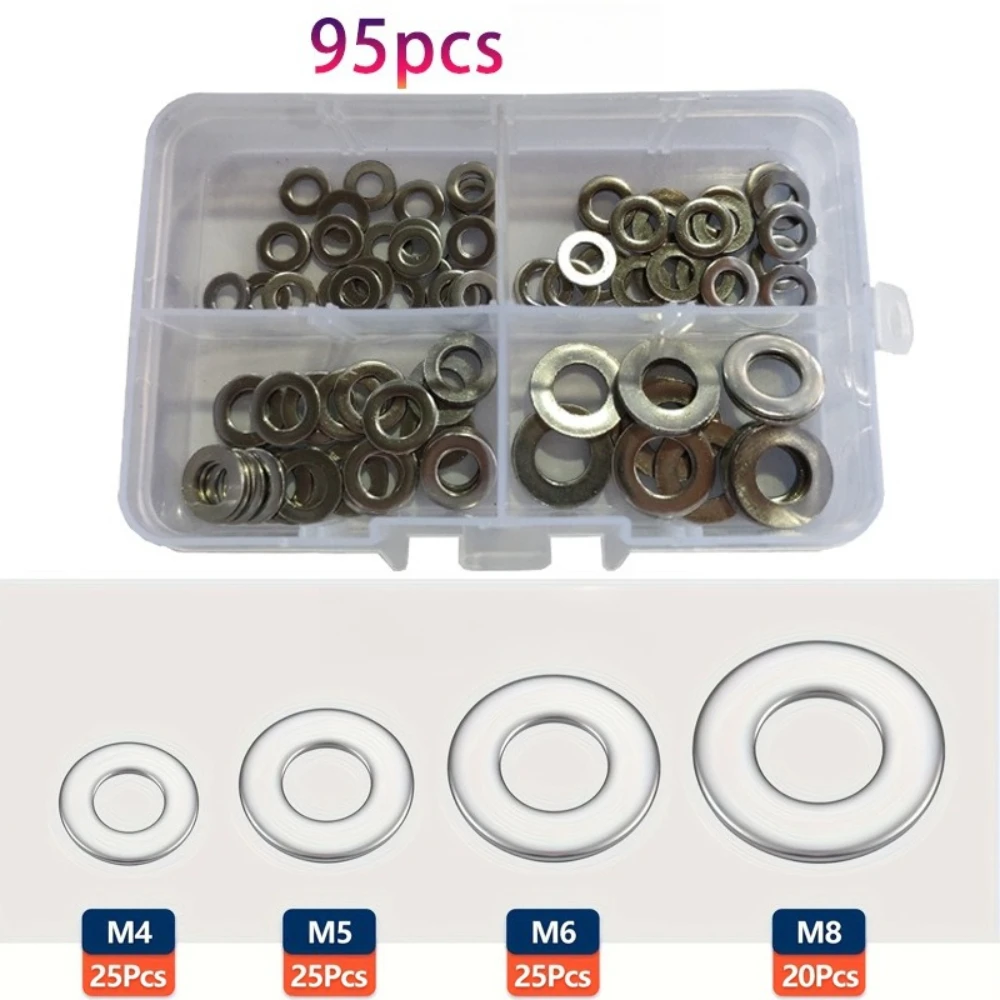 95 pz Scatola 304 Rondelle Piatte In Acciaio Inox M4 M5 M6 M8 Guarnizioni Viti In Metallo Rotondo In Metallo Meson Rondelle di Tenuta Guarnizione di Fissaggio