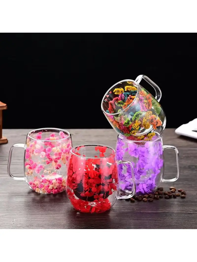 Innovative Double Layer High Borosilicate Glass Cup with Dried Flower Design for Office Home Bar Coffee Drinking Eco Friendly
