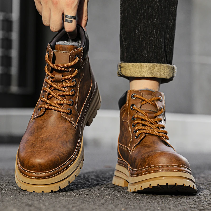 

Leather Ankle Boots Stylish Walking Shoes Outdoor Men Casual Footwear Winter Plush Snow Boots New Trendl Mens High Top Shoes