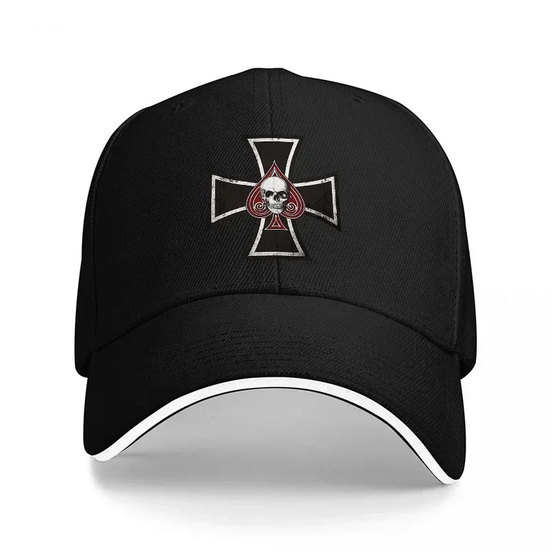 New Iron Cross Skull Design Black Baseball Cap with White Trim and Bold Gothic Symbol for Edgy Streetwear Style