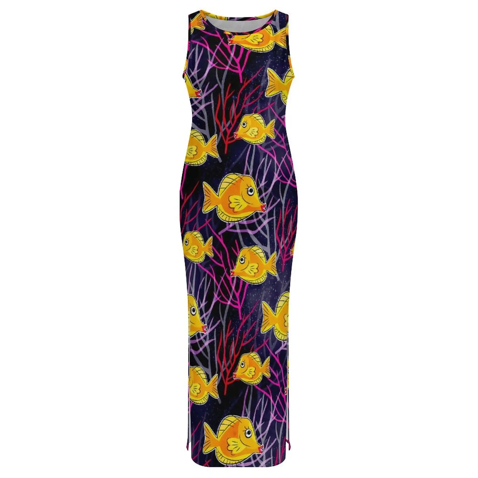 Women Bodycon Dress Vintage Sea Fish in The Ocean Maxi Dresses Spring Yellow Tang Sleeveless Streetwear Graphic Dress 3XL 4XL