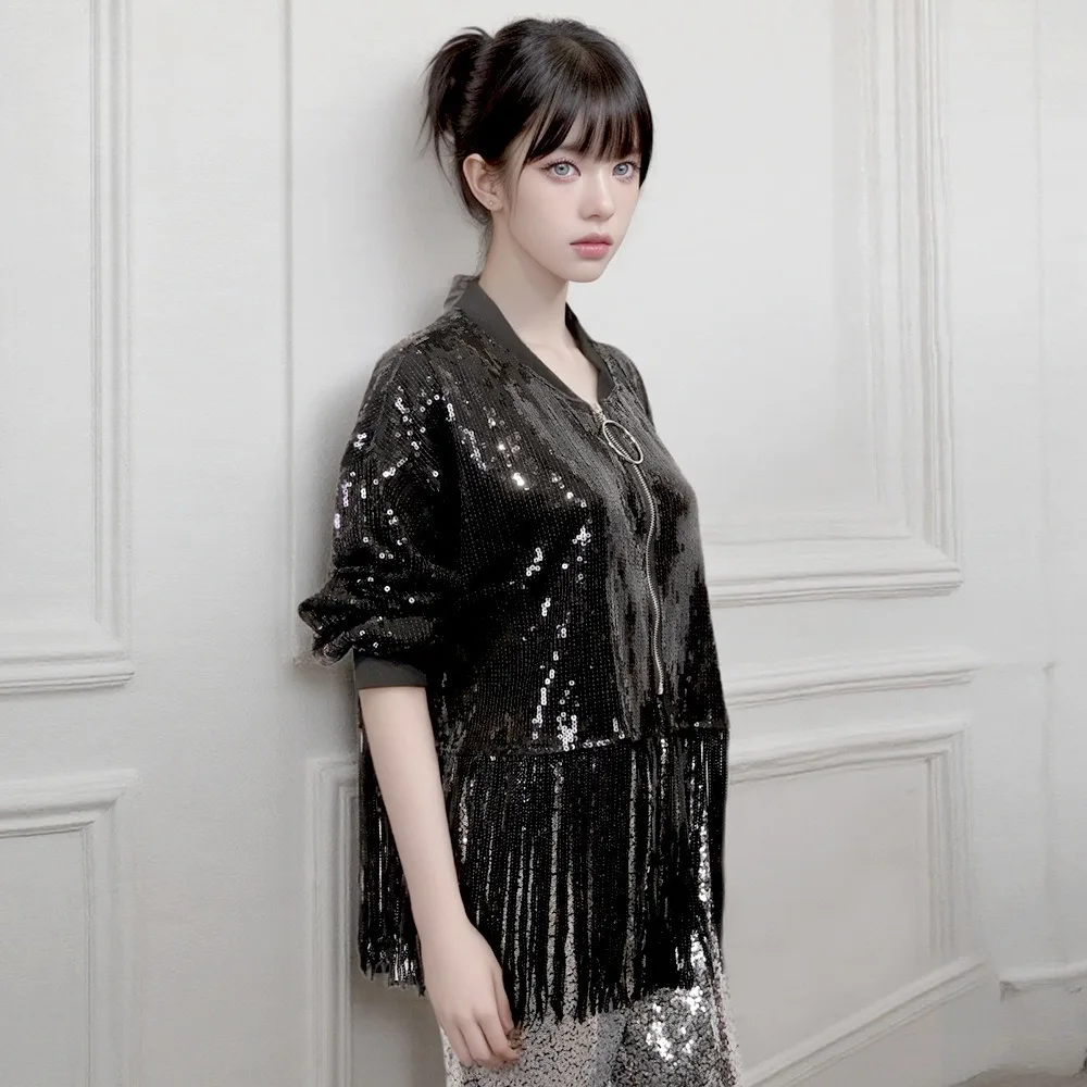 Leistung Kostüm Jazz Bühne Pailletten Quaste Jacke Street Dance Mode Kleidung Frauen Kleidung Mantel Tanz Tragen