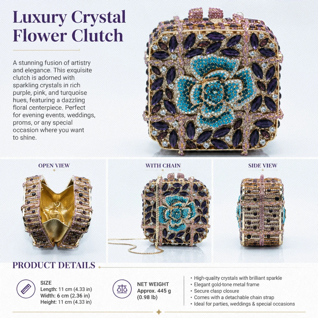 Sparkling 3D Flower Rhinestone Mini 11cm Square Evening Box Clutch Women Purple Blue Crystal Hand Purse for Wedding Guest Prom C view 6