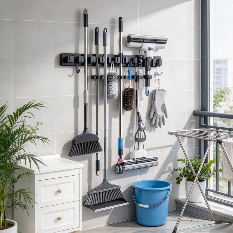 Black Magic Mop Holder Wall Mount, Multi Position Broom Hanger Shelf for Kitchen Garage Tool Storage