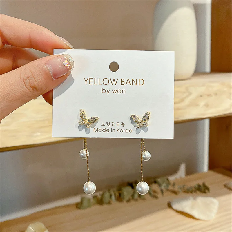 Korean Fashion Zircon Butterfly Earrings for Women Sweet Girls Pearl Pendant Tassel Dangle Earrings Luxury Jewelry Party Gifts