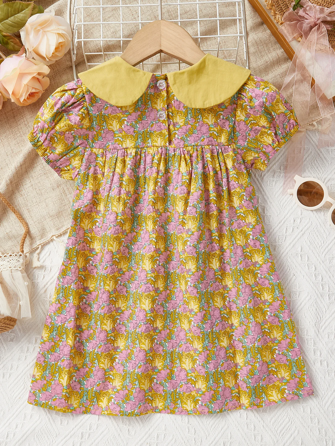 Little Girl Floral Cute Doll Collar Dress Baby Girl Casual Home Party Princess Dress Child Cotton Short Sleeve Clothes