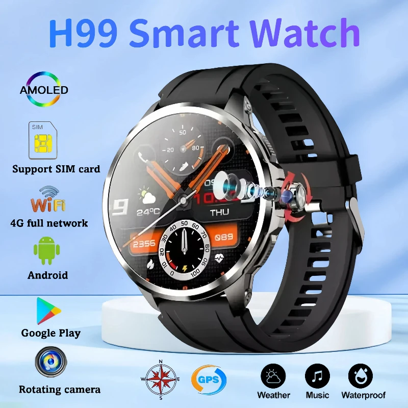 

H99 Смарт-часы Android-часы Amoled Smartwatch Поворотная камера SIM-карта NFC WIFI Артериальное давление Bluetooth-вызов Смарт-часы для здоровья