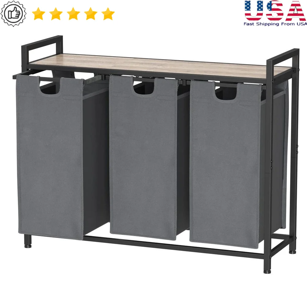 3-Section Laundry Sorter Sturdy Steel Frame with 3 Removable Bags Laundry Hamper with Shelf and Easy Assembly