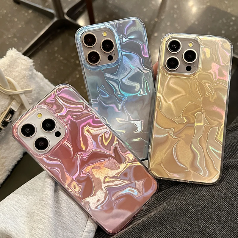 Laser Dazzling Pleated Aurora Water Ripple Phone Case For iPhone 16 15 14 13 12 11 Pro Max XS XR 7 8 Plus Fantasy Glitter Cover