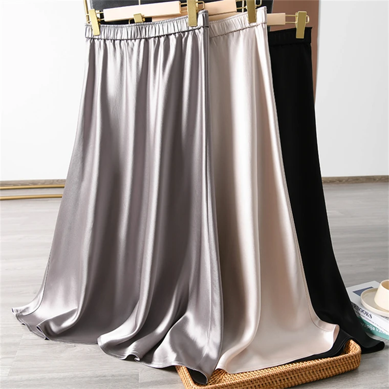 Solid Satin Long Skirts for Women 2026 Spring Summer Casual All-match Big Hem A Line Skirts High Waist Maxi Skirt Female Clothes