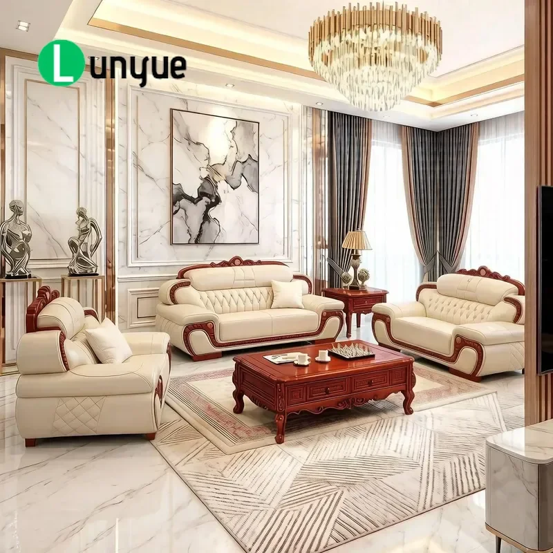 European Retro Leather Sofa Solid Wood Frame First Layer Cowhide Luxury Living Room Furniture for American Villa Large