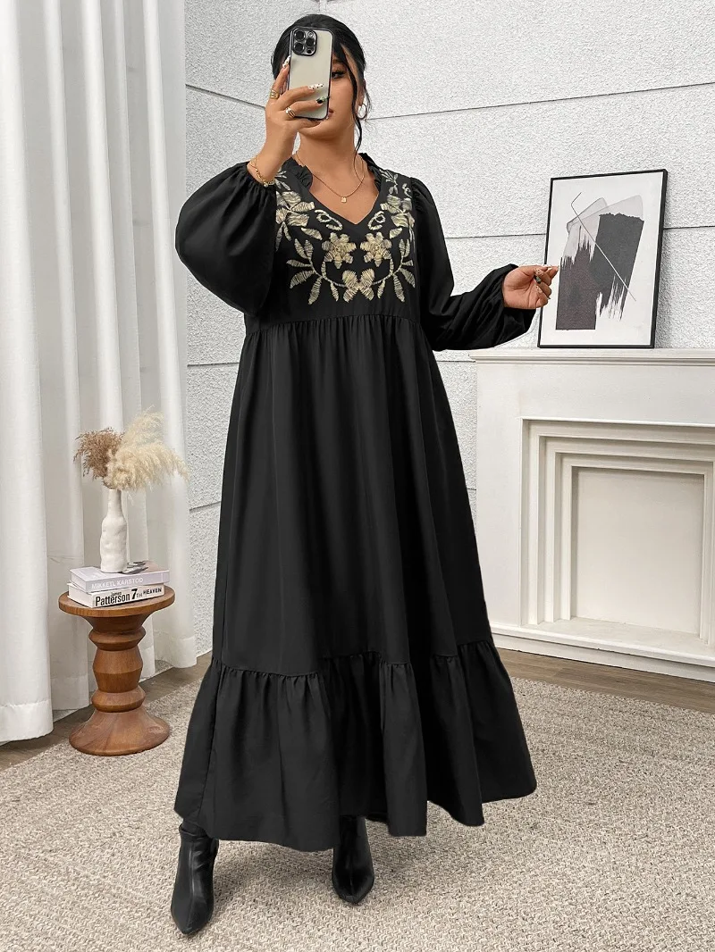 KEXU New Plus Size Women's Maxi Long Dress Print High Waist Slim Black Ruffles Casual A-line Long Sleeve Fall Street Dress