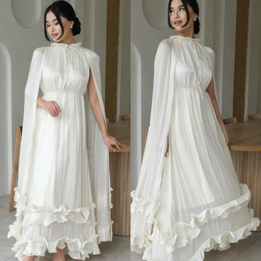 

Customized Temperament White Chiffon Evening Dress High Quality Crew Neck Shawl Sleeveless Ruffles Special Occasion Gowns