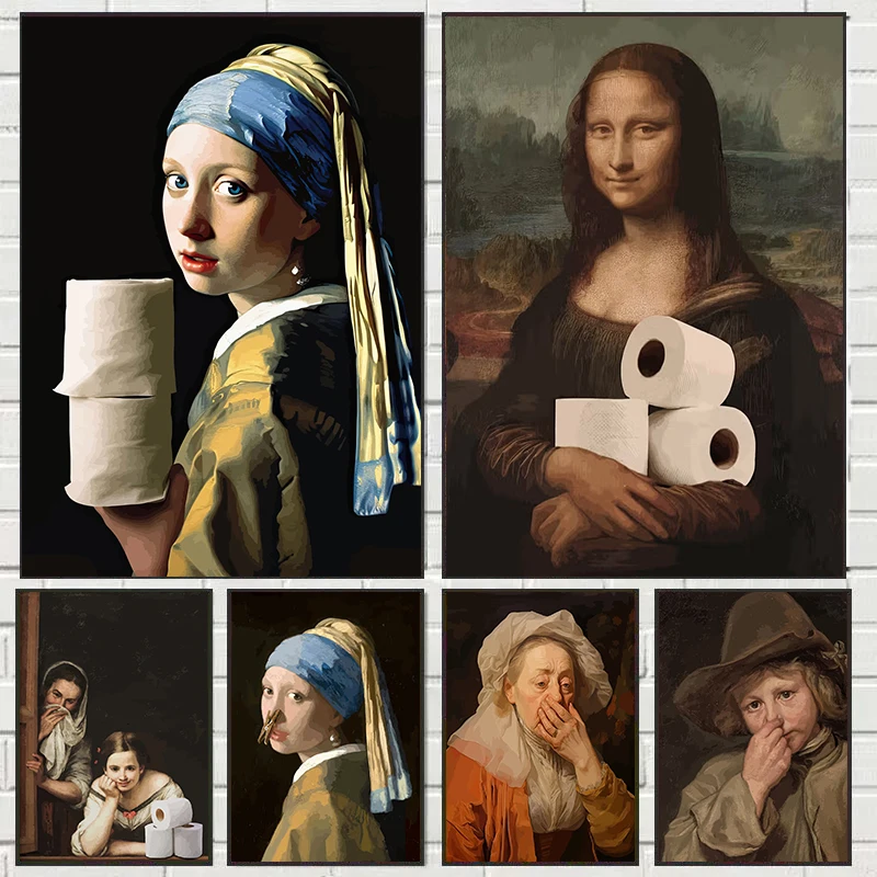 Famous Mona Lisa Pearls Girl Nose Funny Toilet Paper Poster Classical Print Wall Art Picture Canvas Painting Home Decor Bathroom