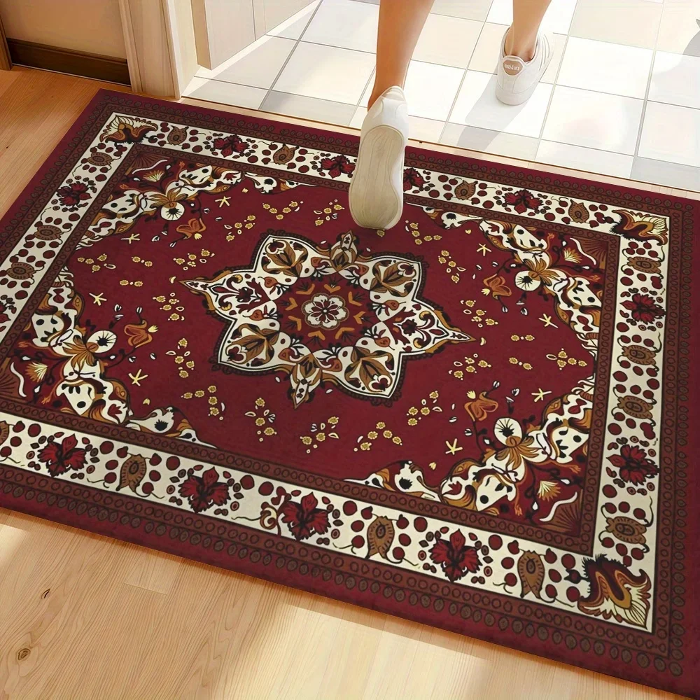 Luxury Burgundy Persian Area Rug Classical Medallion Printed Floor Mat Elegant Royal Wine Red Carpet for Living Room Bedroom