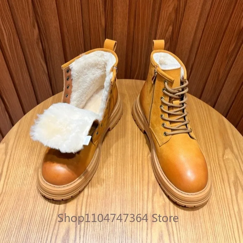 British  Genuine Leather Lace‑Up Side Zipper High Top Cotton Shoes Men's Snow Boots  Non‑Slip Wool Warm Winter Ankle Boots Male