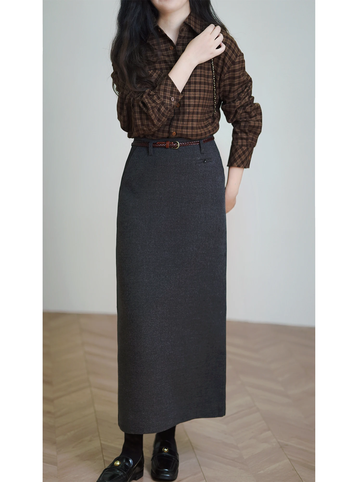 JU Thickened Woolen H-Line Half Skirt Slimming Elegant Office Wear Autumn Winter Long Skirt Warm Cozy Feelings Ladies Skirt