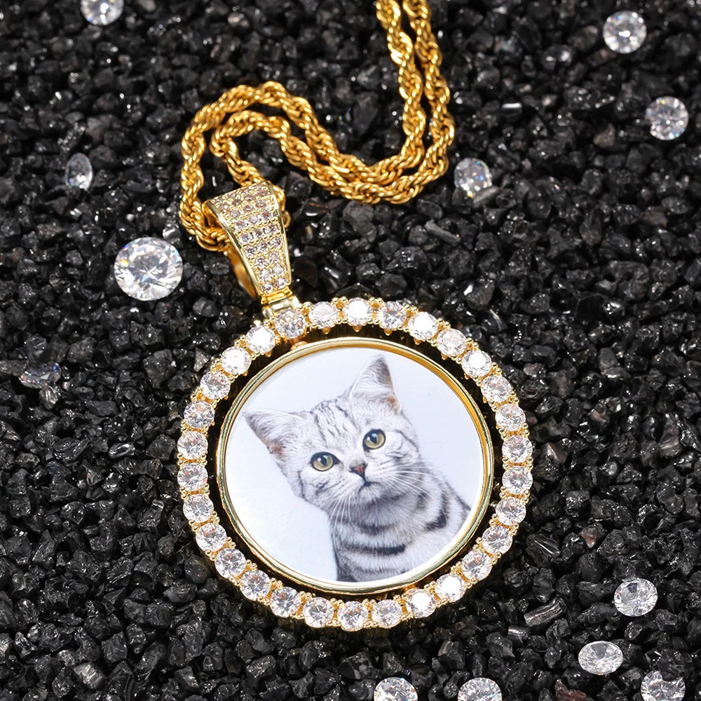 

2025 Custom Photo Necklace Personalized Double Sided Rotating Pendant with Cubic Zirconia Hip Hop Style Unique Gift for Couples