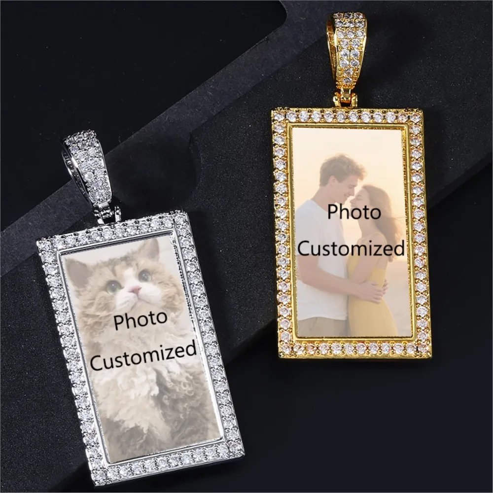 Rectangle Photo Custom Pendant Necklace For Women Men Iced Out Hiphop Picture Neck Chain Jewelry Family Anniversary Memory Gift
