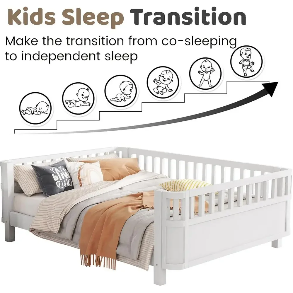 سرير أطفال مونتيسوري بالحجم الكامل مع قضبان، شرائح خشبية، سرير نهاري حديث منخفض للأولاد والبنات، أبيض #4