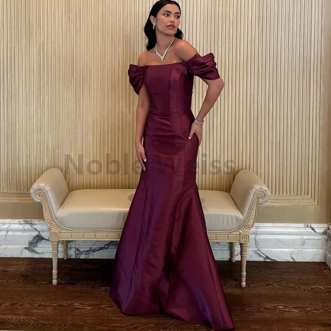 

Sexy Off Shoulder Satin Pleat Trumpet Evening Dress Elegant Fashion Long Gown Customize
