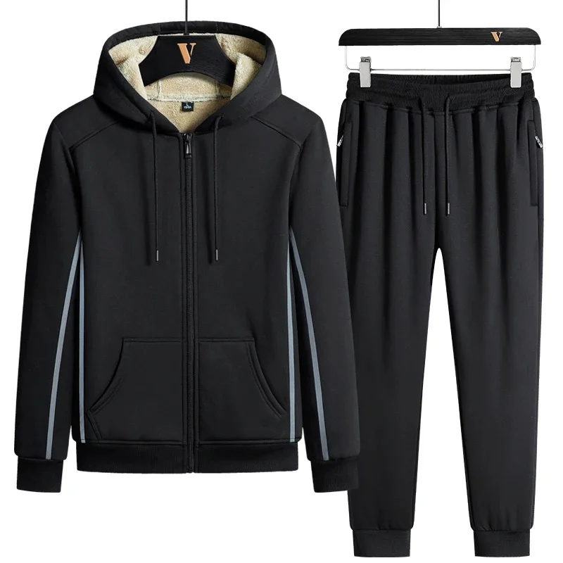 2024 Two-Piece Plus Velvet New Arrived Casual Tracksuit Lamb Suit Winter Thick Warm Male Men Fleece Vest+pants